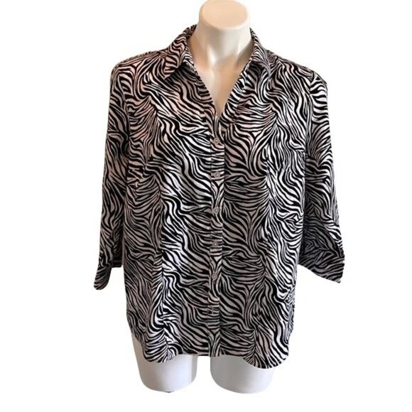 212 Collection Button Down 3/4 Sleeve  Stretch Black and White Top Women's XL - Picture 1 of 6